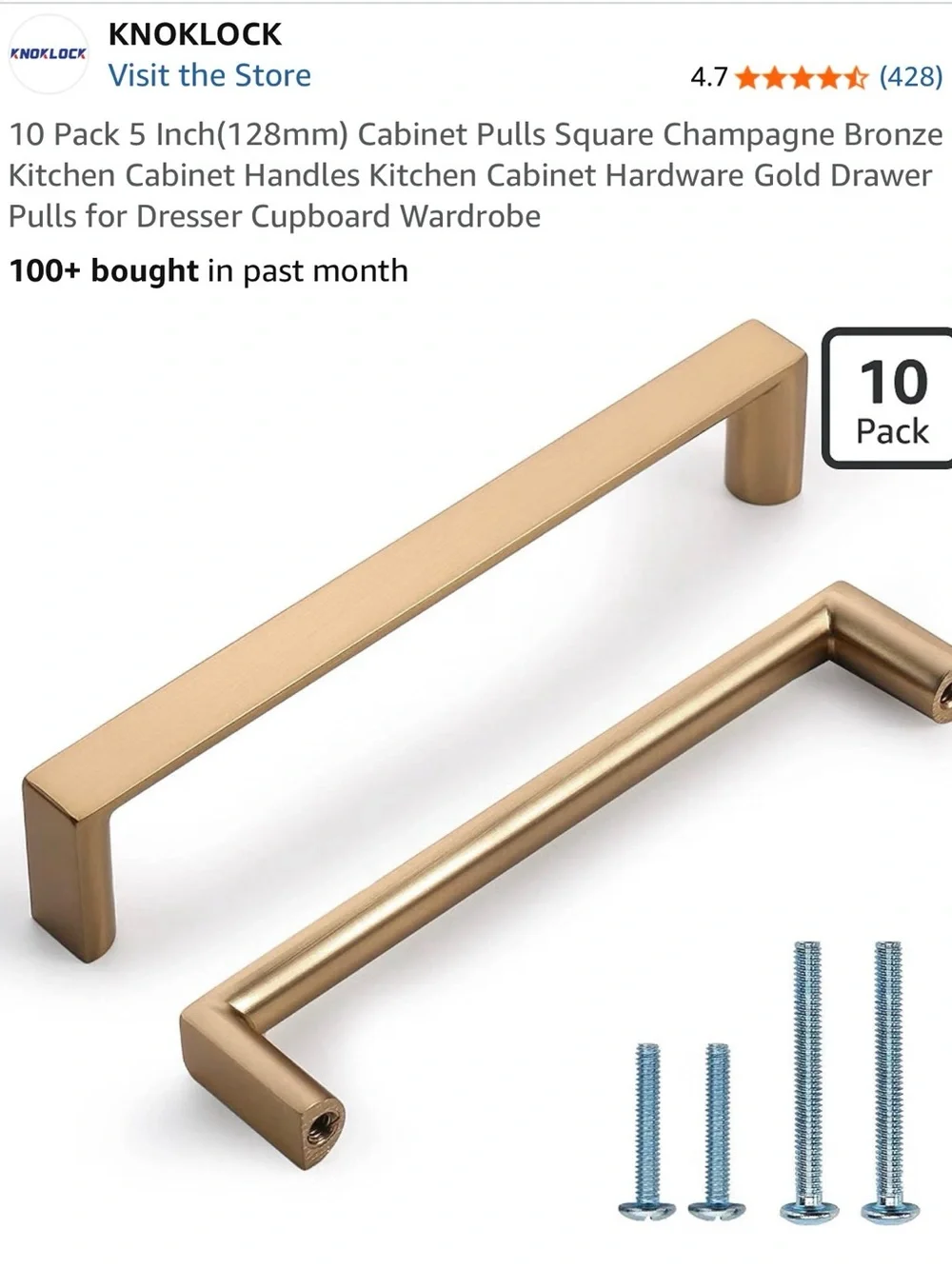 KNOKLOCK Cabinet Pulls – Champagne Bronze – 128 mm (5”) – 10 Pulls